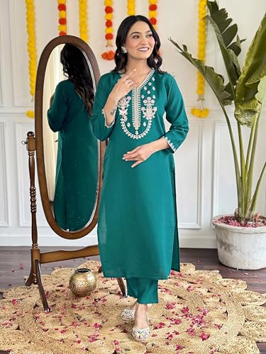 Image of Shiv Textiles Women's Chanderi Silk Embroidered Kurta Pant Dupatta Set(JDA-Lavina-Green-L)