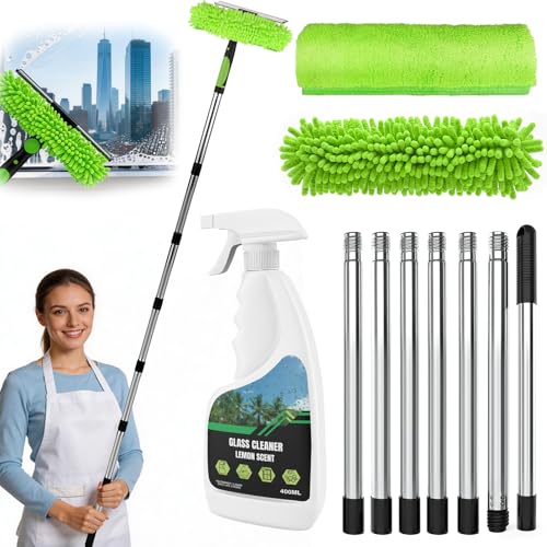Raclette Vitre avec 3M Télescopique Manche, 400ML Nettoyant Vitre, Avec Brosse Microfibres, 180° Tête Rotative, Kit Nettoyage Vitres Professionnelle pour Fenêtres...