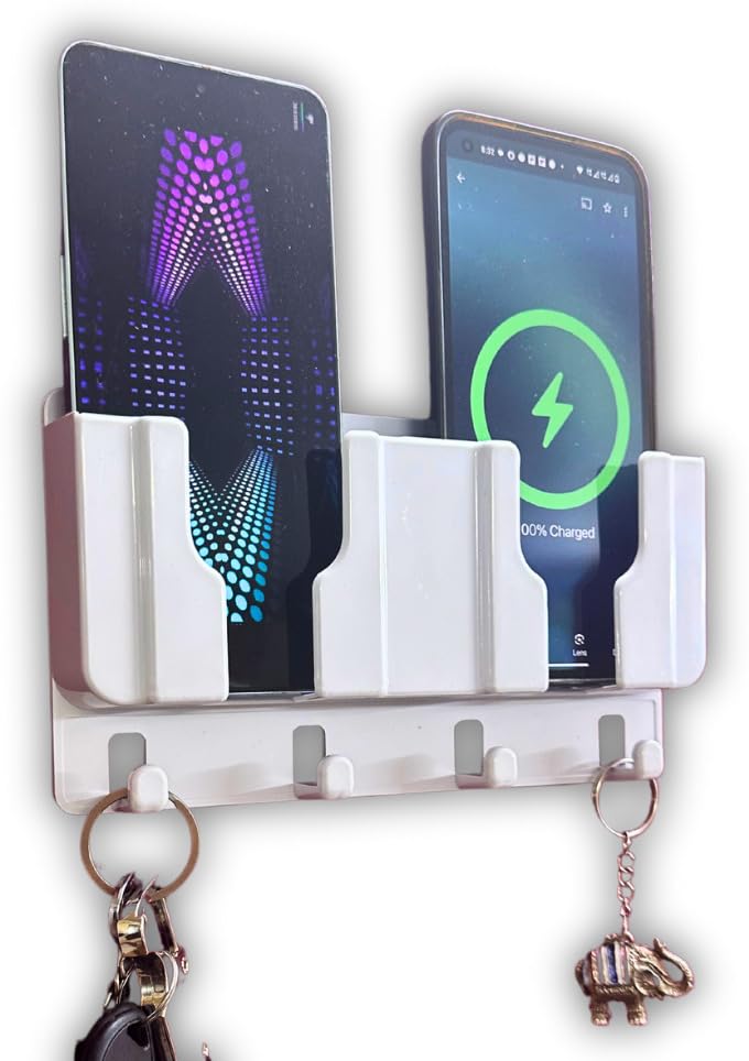 wall mount mobile/remote stand with space for 2 mobiles & key hanger - white mobile holder wall mount mobile holder new - white