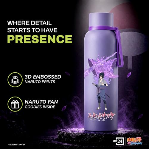 Image of Water Bottle 700ml Stainless Steel | Hot & Cold Flask | ISI Certified Steel Bottle | Three Layer Insulation | Leakproof for Home, Office | 1-Year Warranty | Naruto | Purple - Sasuke