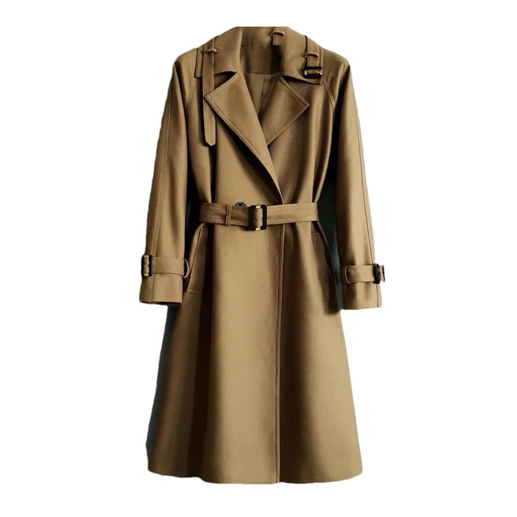 Women Vintage Solid Trench Coat Loose Lapel Long Sleeves Pocket Belt Double Breasted Outerwear