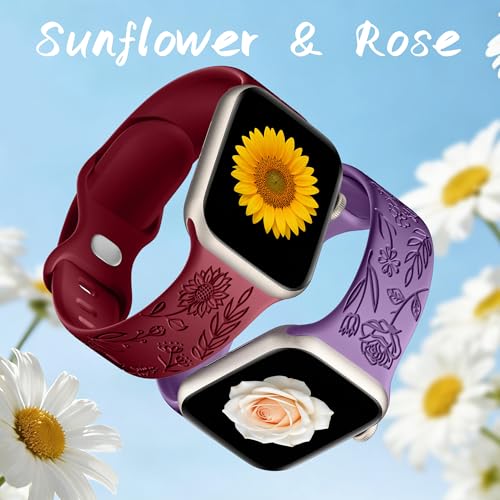 Image of SNBLK 6 Pack Floral Engraved Bands Compatible with Apple Watch Bands 40mm 41mm 42mm 38mm 44mm 45mm 46mm 49mm Women Men, Silicone Flower Pattern Strap for iWatch Series 11 10 Se Ultra 9 8 7 6 5 4 3 2 1