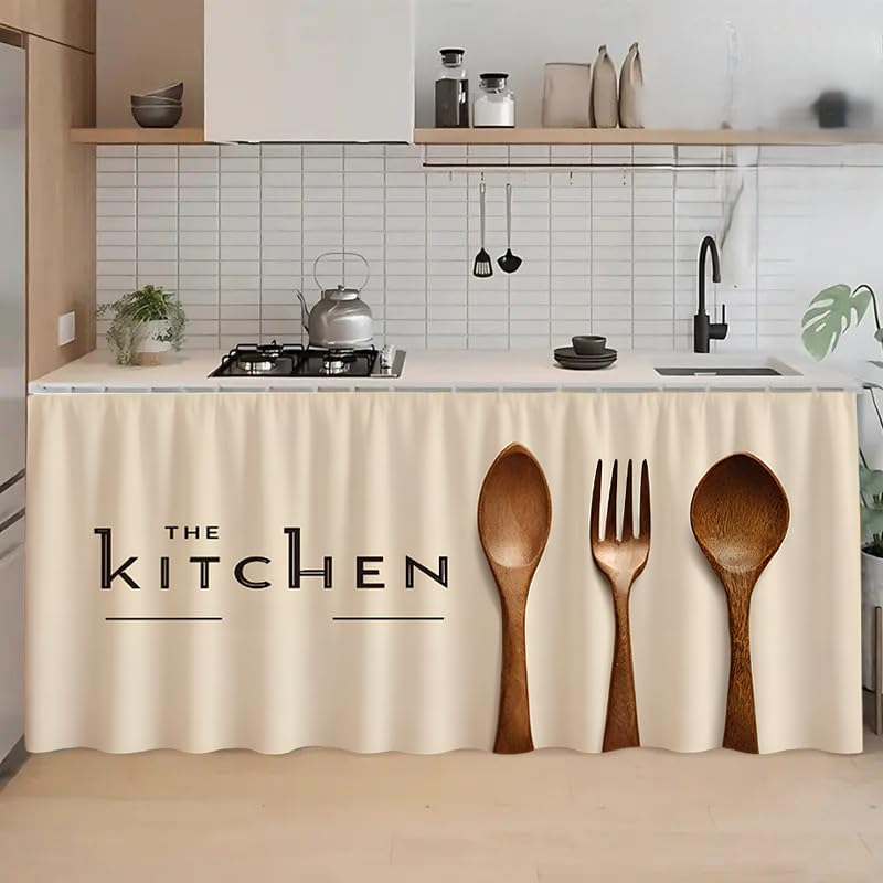 Image of Premium Printed Kitchen Sink Curtain | Washable & Dustproof Rod Pocket Counter Skirt | Perfect for Any Sink | Multicolor Cooking Theme Decor for Home & Kitchen(150cm X 70cm) (Cream)