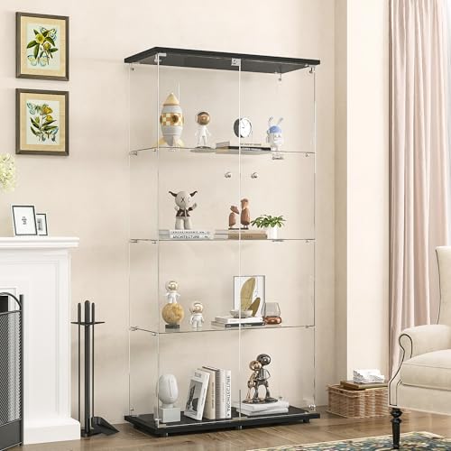BPKADHY Vitrina de Cristal,164x80.5x36.5cm,Vitrina Expositora para Colecciones con 4 Estantes 2 Puerta con Cerradura,Gabinetes de Vidrio para Salón Dormitorio,Pasillo,Vitrina Cristal,Negro