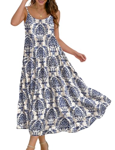 Image of YESNO Summer Bohemian Floral Dresses for Women Spaghetti Straps Maxi Dress Casual Flowy Dresses with Pockets ES0