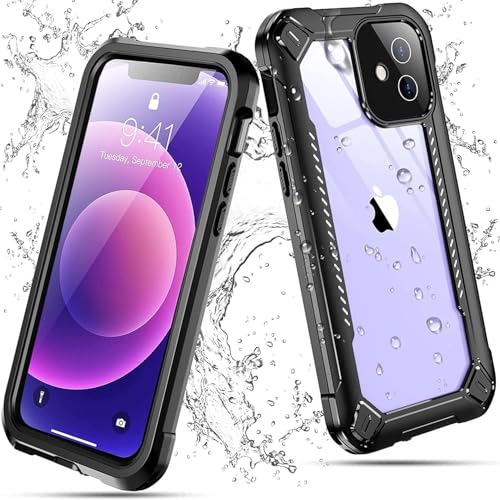 xiwxi for iPhone 12 case Waterproof,[IPX8 Underwater Case][Full Body Shockproof & 15FT Military Dropproof][Built-in Screen Protector][Dustproof] Clear Sound for iPhone 12 case 6.1 inch-Black