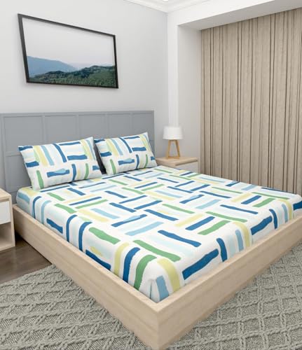 Image of Blue Strip 300 TC Cotton Feel Glace Cotton Flat Printed Queen Size Double Bed Bedsheet with 2 Pillow Covers,Size- 90 x 100 Inches