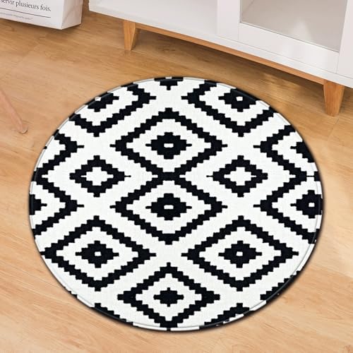 Hearda Alfombra Redonda de Franela, Bohemia Retro Alfombras Redondas Lavable Antideslizante 40-120cm Alfombra Salon para Cocina Habitacion Oficina (Negro Blanco,80cm)