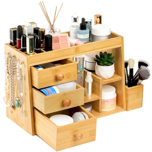 Elsjoy Bamboo Makeup Organizer with 3 Drawers & 12-Grid Lipstick Holder, Desk Bamboo Vanity Jewelry Organizer, Countertop Cosmetic Storage Box Stand with Hooks for Hanging Jewelry