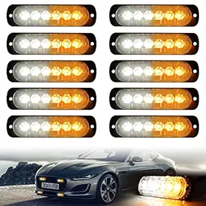 10pcs LED Emergency Strobe Light, XTAUTO 6-LED Ultra Slim Surface Mount Flashing Warning Beacon Hazard Construction Caution Grille Light Bar for Truck Car Off Road Vehicles SUV ATV (Amber White)