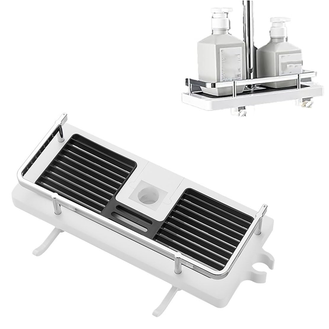 JHzood Bathroom Shelf, Liftable Shower Rack, Easy Installation Shower Rod Storage Shelf, No Drilling Adhesive Storage Shelf Organizer Holder Punch-Free, Bathroom Accessory (White-Round Hole)