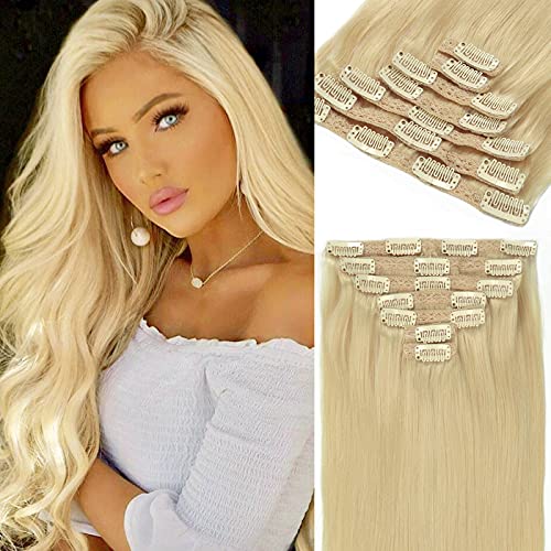 Anrosa Bleach Blonde Clip in Hair Extensions 22 inch Clip in #613 Hair Extensions Clip in Human Hair with Lace 7pcs 140g