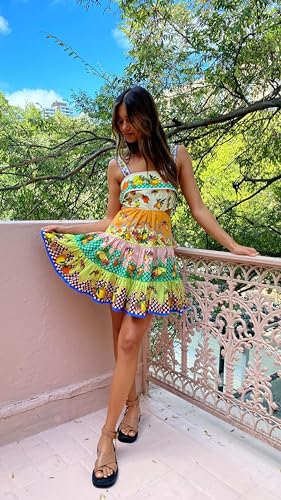 Image of Women's Summer Mini Cami Dress Cartoon Fruit Print Sleeveless Back Bow A-Line Cute Dress (Yellow, S), Small
