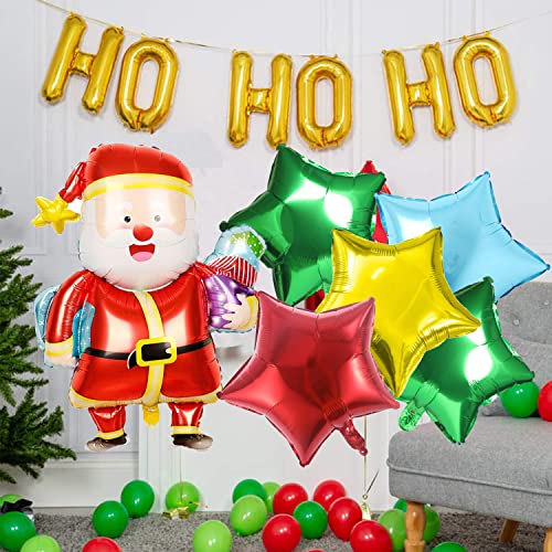 Christmas Balloon Kit, HO HO HO Banner, Big Santa Claus Balloon, Star Foil Balloons, Ribbon for Xmas Winter Holiday Party Suplies Home Indoor Outdoor Decorations