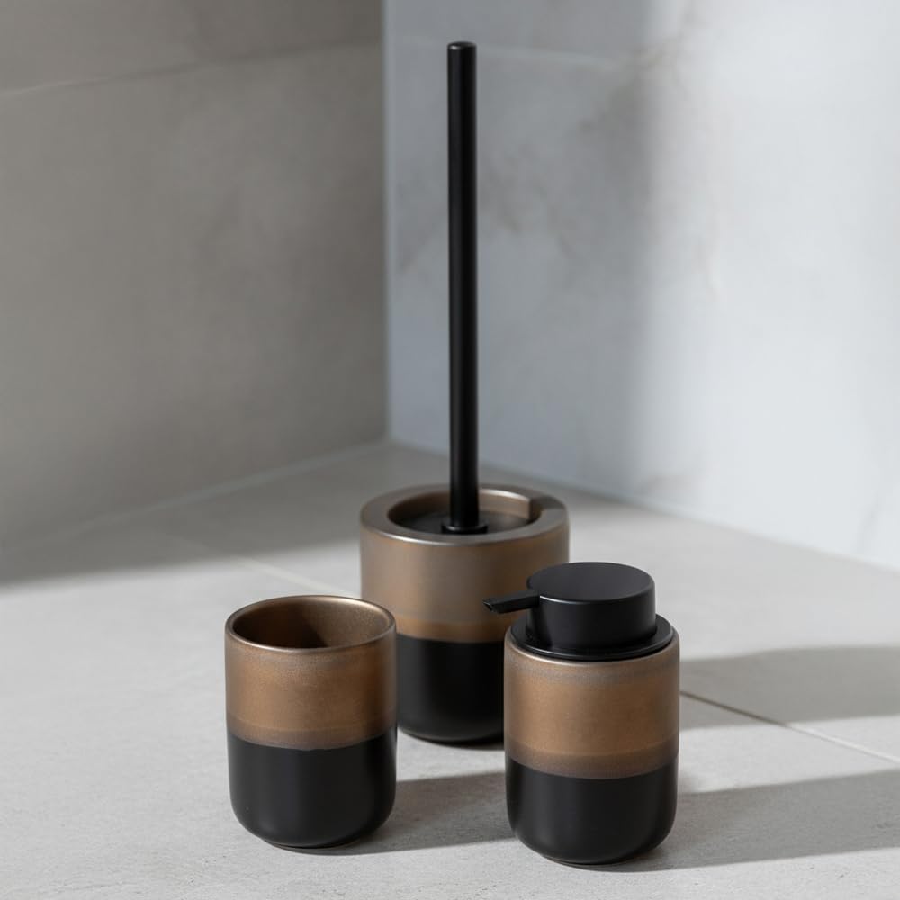 Set Accessori Bagno Completo 3 Pezzi In Ceramica Nero Opaco E Bronzo – Dispenser Sapone, Porta Spazzolino E Porta Scopino WC – Linea Teos