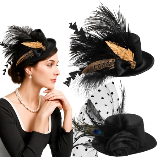 Eorbow 2 Pack Mini Top Hats Fascinator Top Headband for Women Vintage 1920s Tiny Feather Top Hat for Halloween Cosplay Costume Party Derby Tea Party 2 Styles Black