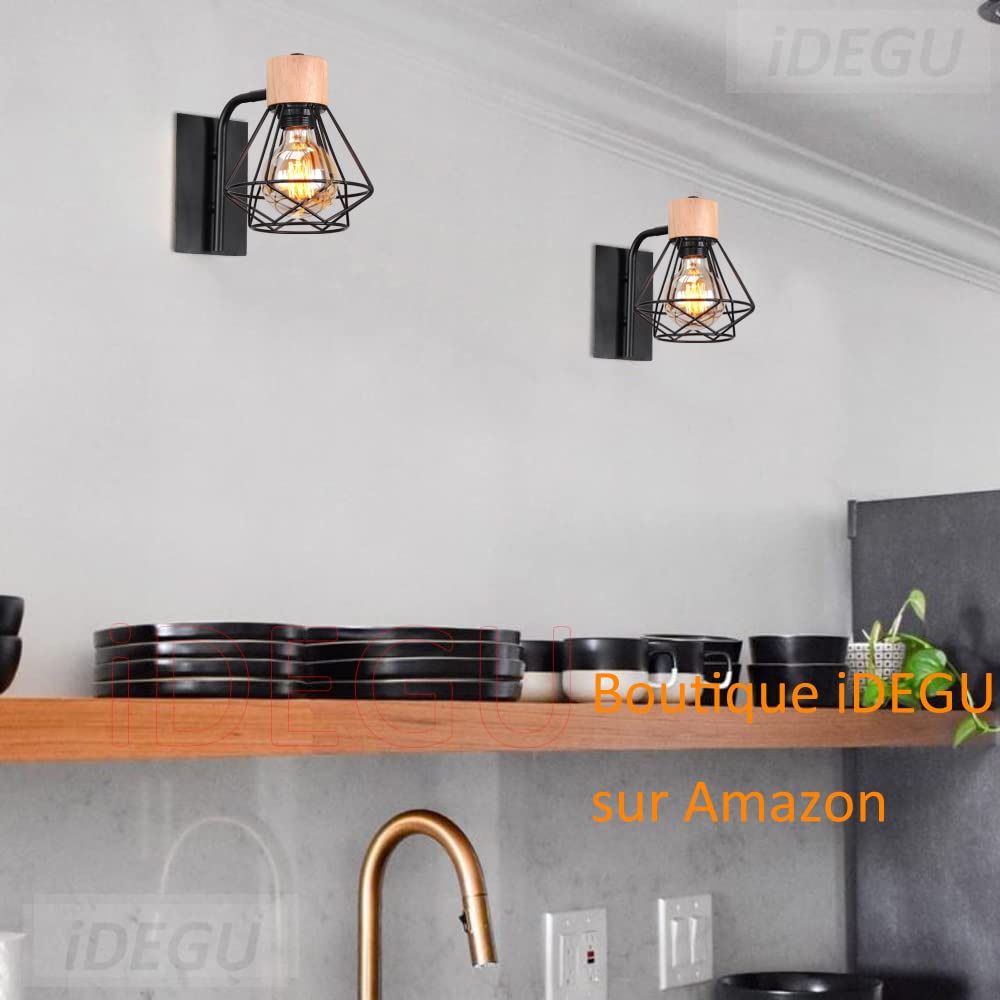 iDEGU Lot de 2 Applique Murale Intérieure Industrielle Luminaire Réglable en Bois Fer Design Cage Noir Rétro Éclairage E27 Lampe Murale Vintage pour Chambre Salon Cuisine (Applique Réglable, 2 Pack)