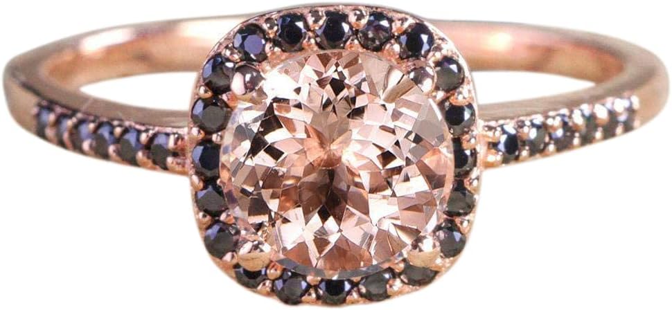 1.50 Carat Peach Pink Round Morganite and Black Diamond Engagement Ring in 10k Rose Gold for Women