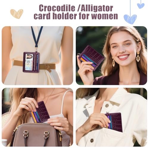 Image of Slim Credit Card Holder Crocodile Wallet Women Thin Wallets | Alligator Print RFID Blocking Minimalist Lightweight Pocket Small Cute Cards Holders ID Window, Plum Croc
