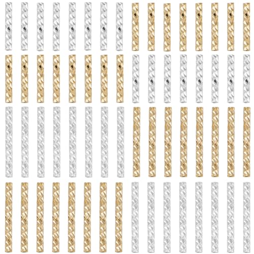 CREATCABIN 80Pcs Tube Beads Long Noodle Beads Metal Loose Beads Straight Twist Spacer Bead 18K Gold & 925 Sterling Silver Plated Brass Corrugated Tube Beads for DIY Jewelry Making Accessories 2Size