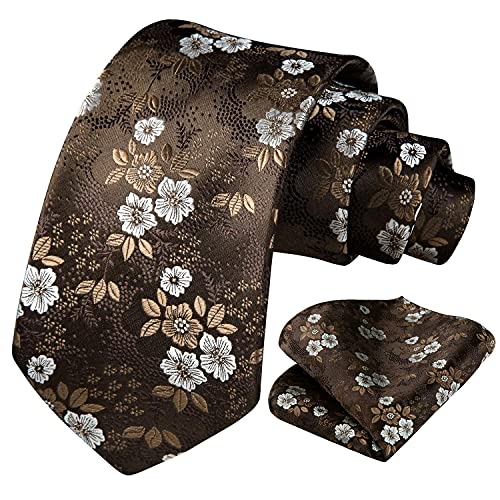 Image of HISDERN Men Floral Ties Woven Classic 3.4 inch Necktie Set Formal Tie Pocket Square for Wedding with Handkerchief Gift Box