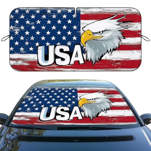 American Flag Car Window Sun Shield Cartoon Bald Eagle USA Patriotic Front Window Sun Shade Block UV Rays Sun Shade Visor Protector for Sedan Truck SUV Accessories 59" X 31"