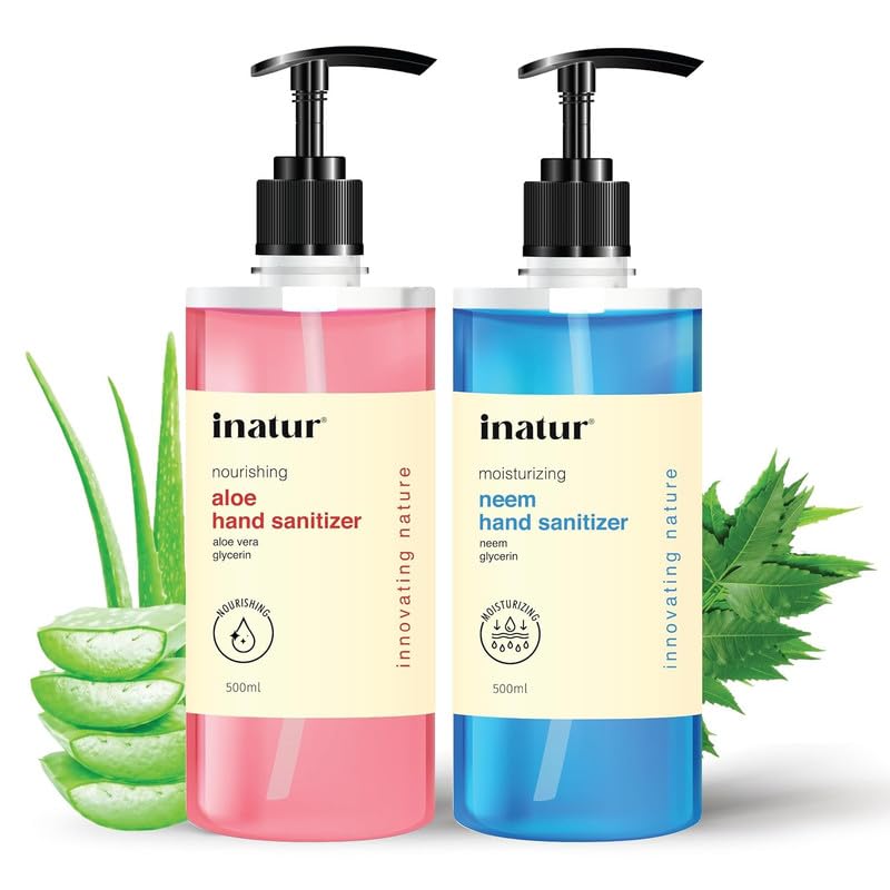 Image of inatur Aloe and Neem Hand Sanitizer 500ml Combo | Alcohol-Based, Kills 99.9% Germs | Antibacterial with Aloe Vera & Neem | Gentle on Skin, Safe for Surfaces | Hand Sanitizer Gel for Daily Hygiene