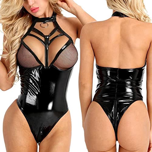 Damen Wetlook Bodysuit Lack Leder & Mesh Patchwork Body Reizwäsche Babydoll Ouvert Netz Dessous Clubwear Stringbody mit… – Bild 3