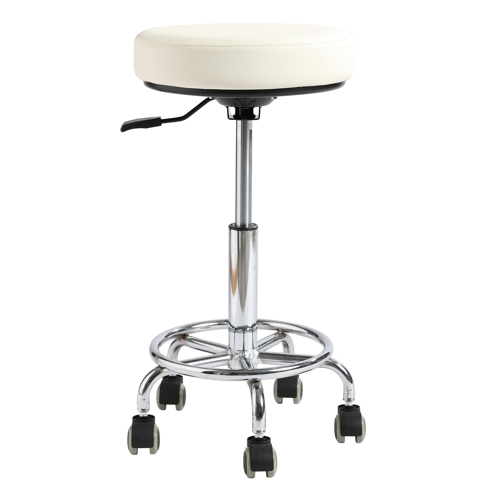 Adjustable Rolling Stool with Wheels - Ergonomic Salon & Tattoo Artist Chair, Office Stool with Comfortable PU Leather Seat, White