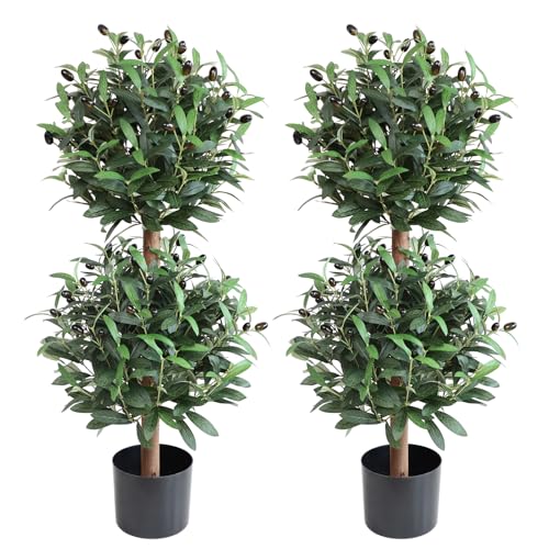 Artificial Olive Double Ball Topiary Trees, 3FT Faux Olive Topiary Tree 2 Packs, 35 Inch Fake Potted...