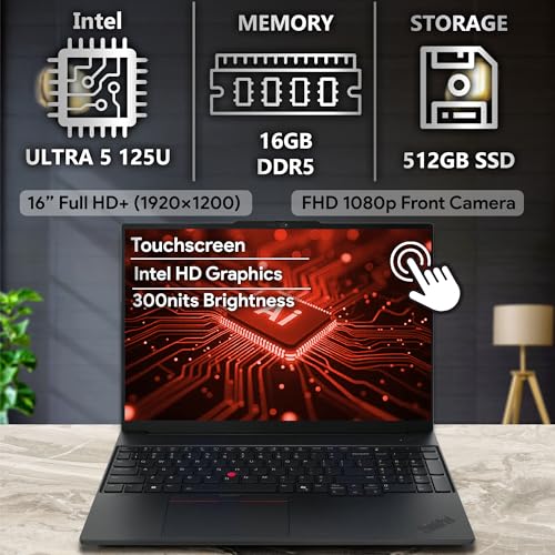 Image of Lenovo ThinkPad E16 Gen 2 Touchscreen 16 inch FHD+ Display, Intel Ultra 5 125U, 16GB DDR5 RAM, 512GB SSD PCIe, FP, Backlit Keyboard, WiFi 6E + BT, RJ-45, HD Webcam, Win 11 Pro, AI Business Laptop - Black