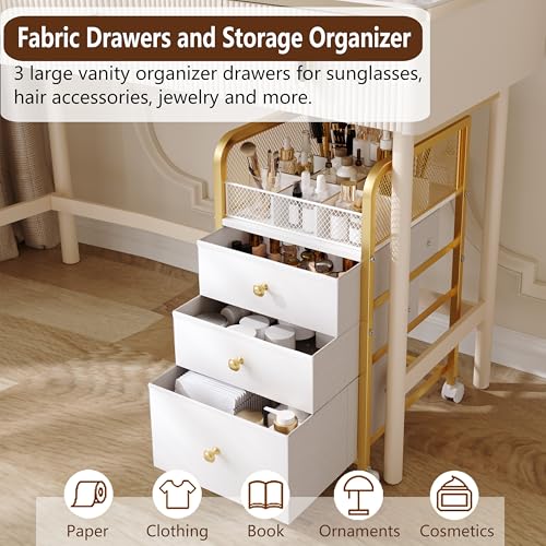 Image of Rolling Makeup Organizer Cart with 3 Drawers, Under Desk Vanity Makeup Storage Cart, Bathroom Storage Cart Cosmetic Display Cases Cabinet for Nail Polish, Brushes & Hair Tools, Gold