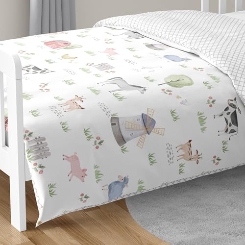 Image of Sweet Jojo Designs Farm Animals Boy Girl Toddler Kid Childrens Comforter Bedding Set - 5 Pieces Comforter, Sham and Sheets - Watercolor Farmhouse Lattice Horse Cow Sheep Pig