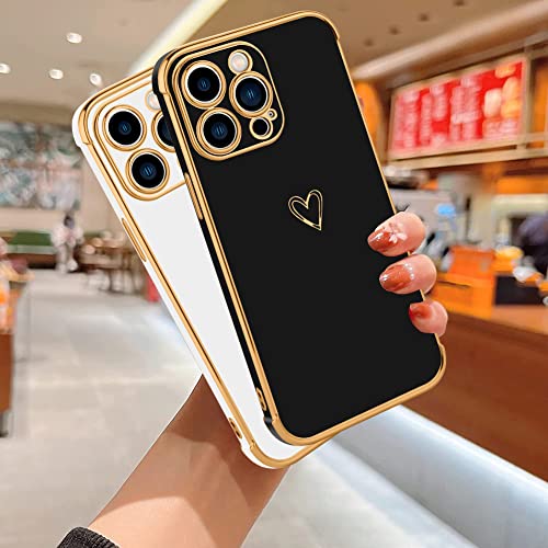 Mzelq Iphone 14 Pro Max Women's Luxury Heart Pattern Case, Full Camera Protection, Soft Tpu, Reinforced Corners, Plating Edge - Black #TOP4