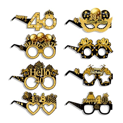 Deko 40 Geburtstag Mann Frauen, Gold Brille Set für 18th 30th 40th 50th 60th 70th Frau Männer Birthday Party Happy Dekoration, 40er Lustige Foto Requisiten Brillen Geburtstagsparty Glasses (40)