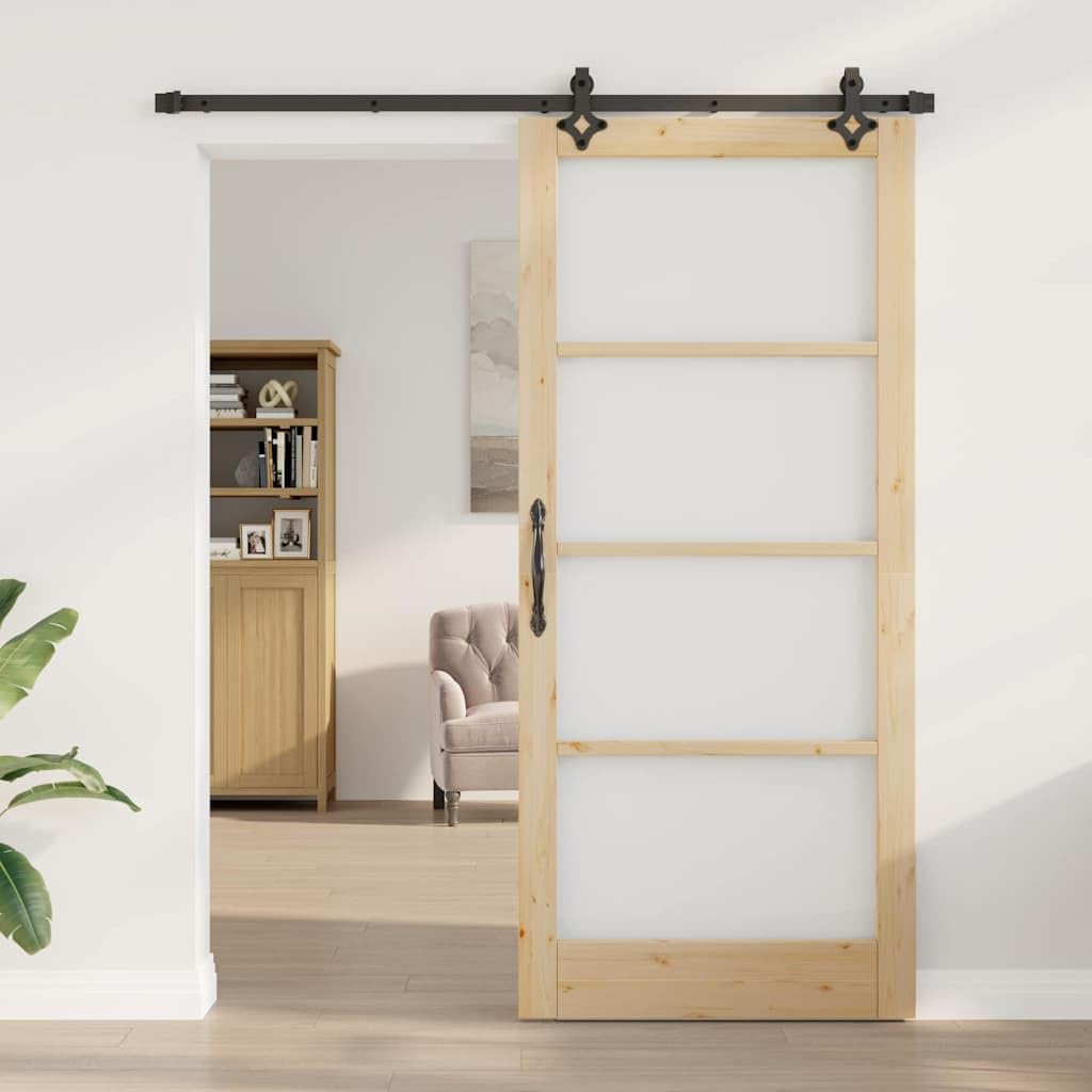 Drzwi przesuwne ORKDAL z litego drewna sosnowego i szkła, naturalnie czarne, 93 x 211 cm, do wnętrz, ciche przesuwanie, zajmuje mało miejsca, nowoczesne wzornictwo