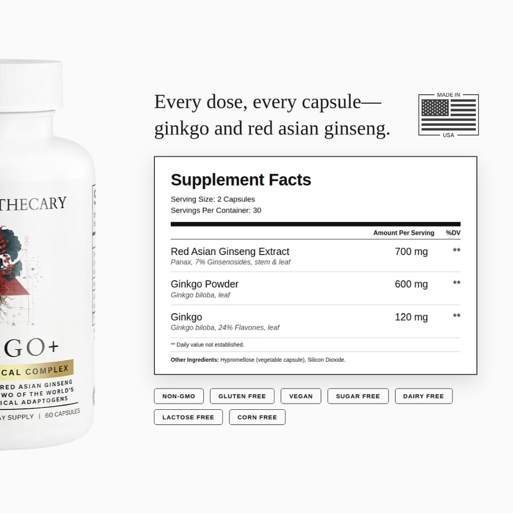 Ginkgo Biloba 720mg with Red Asian Ginseng 700mg - Memory, Focus & Brain Support - Standardized Extract, Vegan, Non-GMO, Gluten Free - 60 Capsules — Amazon image 3