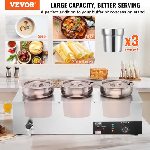 Image of VEVOR Electric Soup Warmer, Three 7.4QT Stainless Steel Round Pot 86~185F Adjustable Temp, 1200W Commercial Bain Marie with Anti-dry Burn and Reset Button, Soup Station for Restaurant, Buffet, Silver