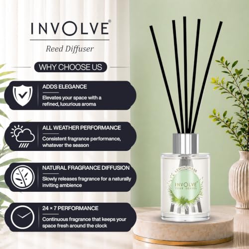 Image of Involve Pura Reed Diffuser Set (Pack of 2) - Lemongrass & Citronella - 120 ml | Oil Diffuser with Free 10 Reed Sticks | Room Freshener for Home, Bedroom | Gifts Set | New Home Gift Items Useful