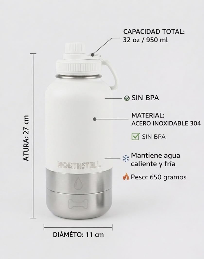 Botella 3 en 1 para Perros y Mascotas, Botella de Agua con 2 Recipientes para Comida y Bebedero Portátil,sin BPA, Antigoteo, Ideal para Paseos, Viajes y Excursiones (Blanco)