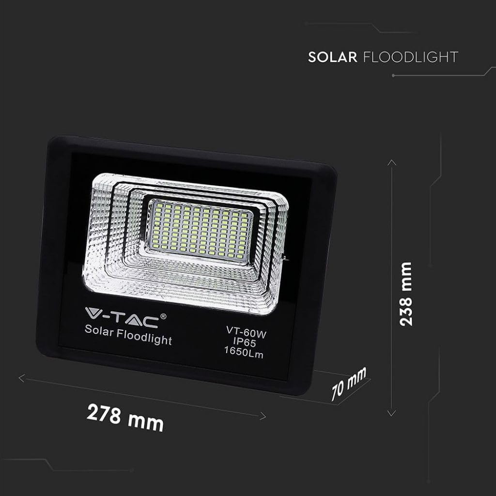 V-TAC reflektor LED 60 W z panelem słonecznym i pilotem zdalnego sterowania, czarny