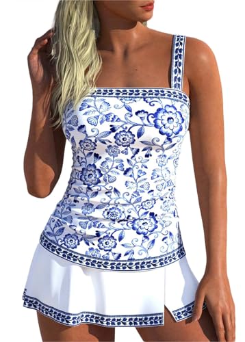 ROSEWE Womens Tummy Control Tankini Bathing Suits, Two Piece Ruched Swimsuits, Floral Print Swimdress with Skirt