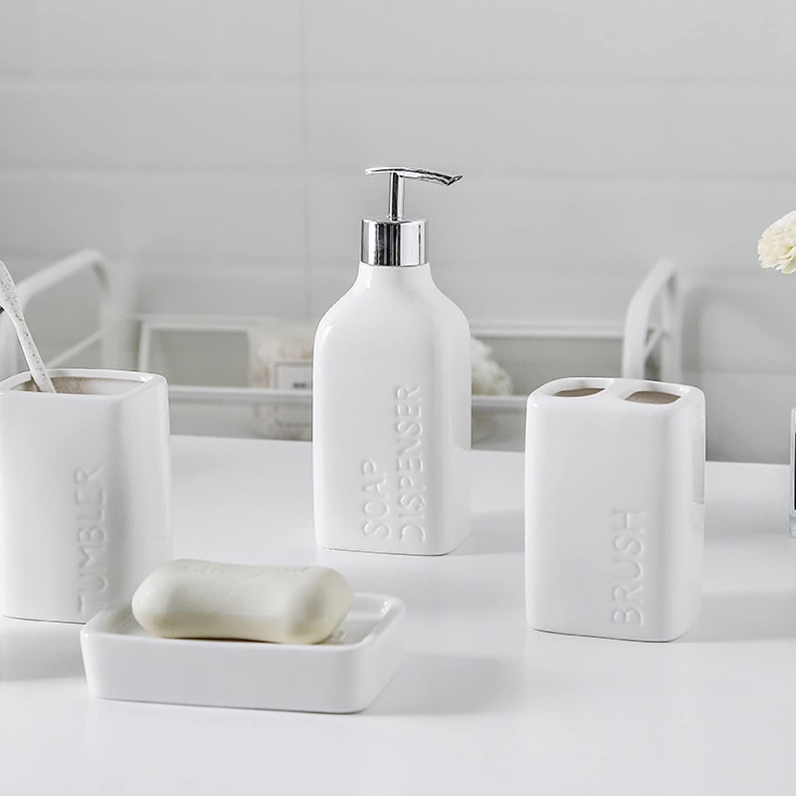 Juego de dispensador de jabón de baño 5 Piezas, Dispensador de jabón de cerámica, con dispensador de jabón, Porta Cepillo de Dientes, Vaso de baño y jabonera -Blanco