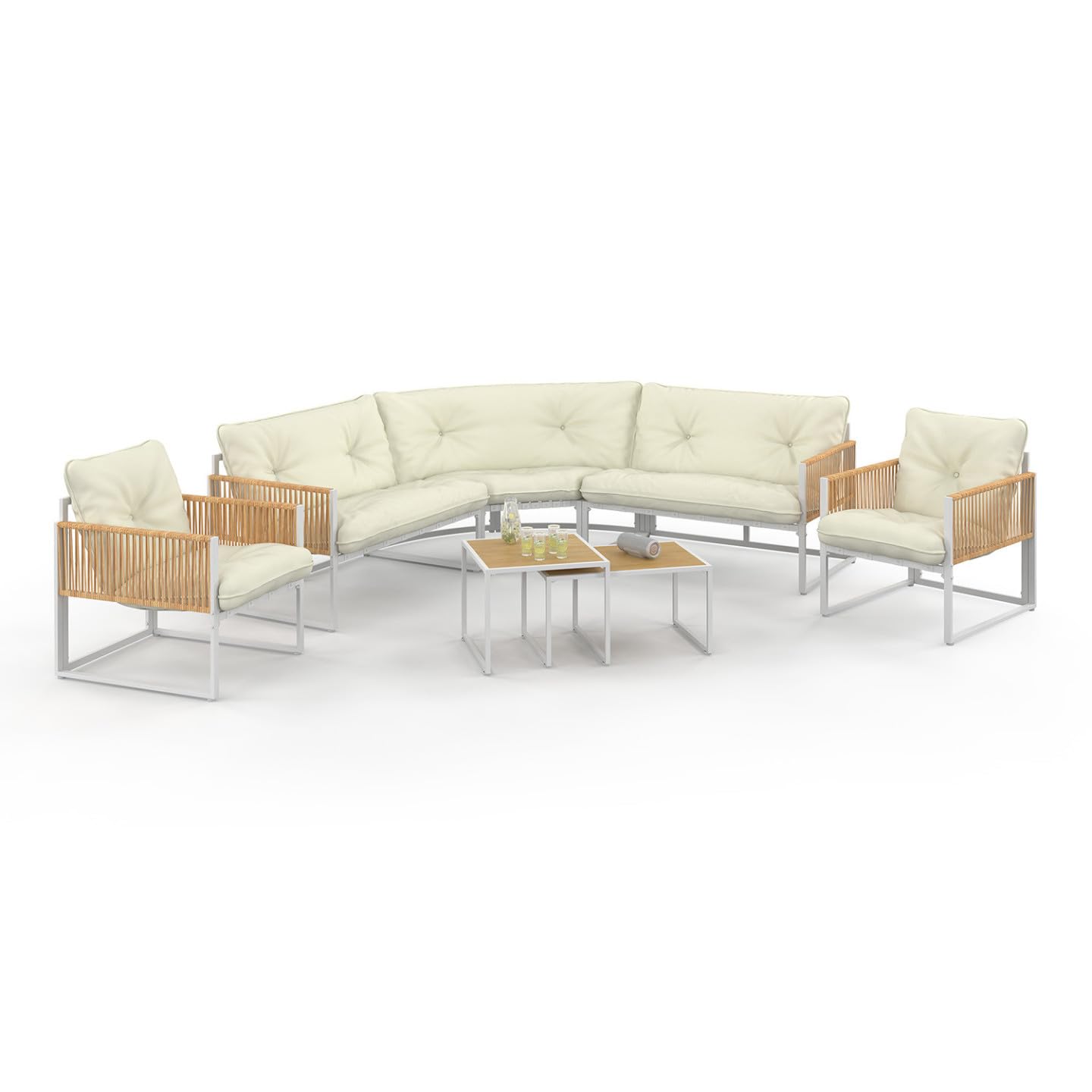 IDMarket - Juego de muebles de jardín bajo Rio de 8 plazas, estructura de metal blanco y cuerda efecto ratán con cojines beige