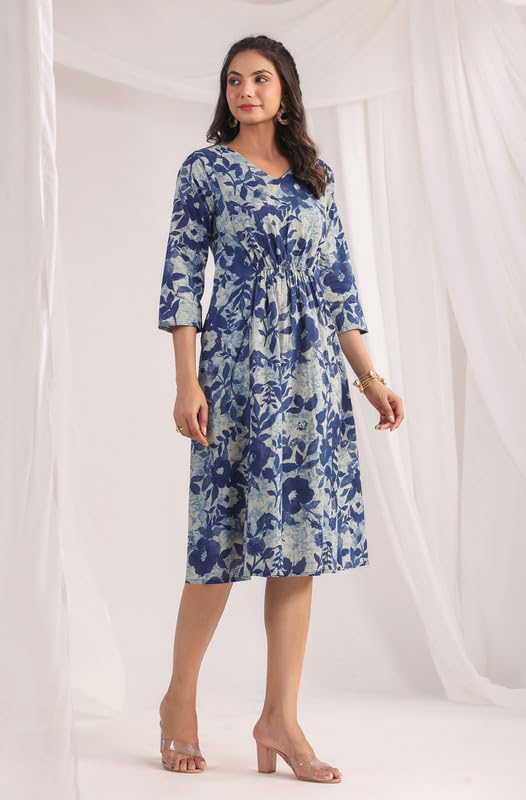 Image of Janasya Women's Cotton Floral Printed Gathered Dress