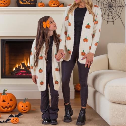 Mommy and Me Halloween Sweaters Pumpkin Long Sleeve Open Front Knit Cardigan Mom and Daughter Matching Outfits3