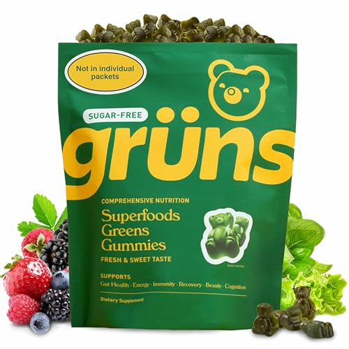 Image of Gruns Adult Sugar-Free Super Greens Gummies - Superfood Gummy Bears with Spirulina, Chlorella, Fiber & Prebiotics for Digestive Health, Adaptogen Supplement with 20 Vitamins & Minerals, 2 Week Supply