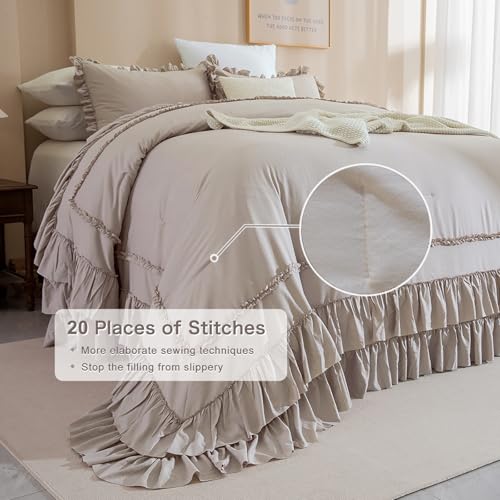 Image of QSH Taupe Oversized California King Ruffled Bed Comforter Set 128x120, Farmhouse Vintage Chic Comforter French Country Shabby Bedding Comforter Soft Microfiber Fluffy Bedding 3 PCs