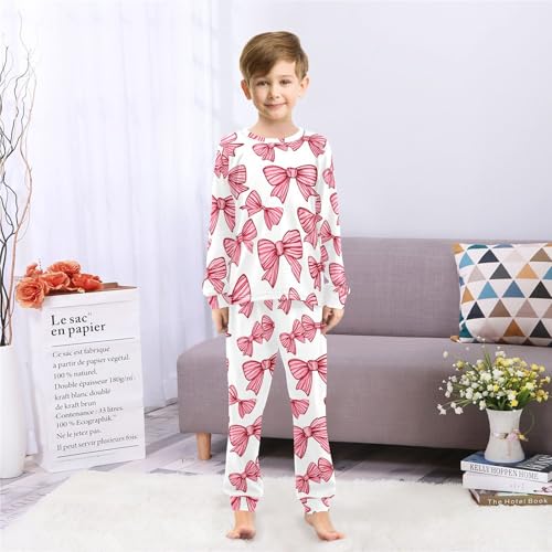 Pink Striped Bow Pattern Soft Pajama Set for All Seasons,Breathable Pjs Long Sleeve Sleepwear,Comfy Loungewear 2 Piece Underwear Set 5T4