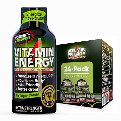 Vitamin Energy Workout+ Extra Strength Energy Shot Sour Apple 24 Pack, 260mg Natural Caffeine, Pre-Workout, B-Vitamins, Minerals, Endurance &amp; Performance, Zero Sugar, Gluten-Free, Vegan, 1.93 fl oz